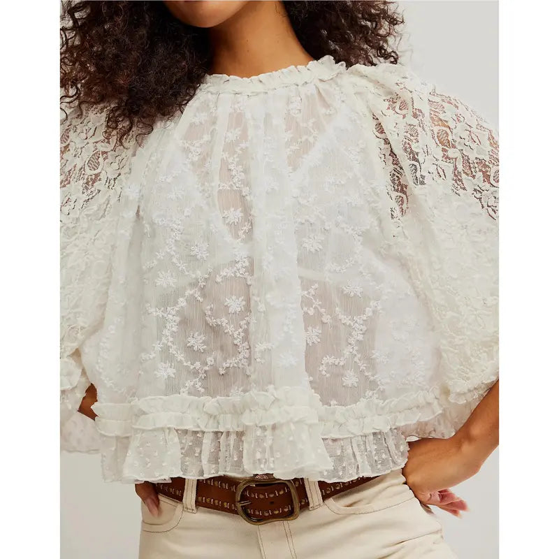 Women's Summer Trendy Lace T-Shirt Long Flared Sleeve Round Neck Sheer Party Tops