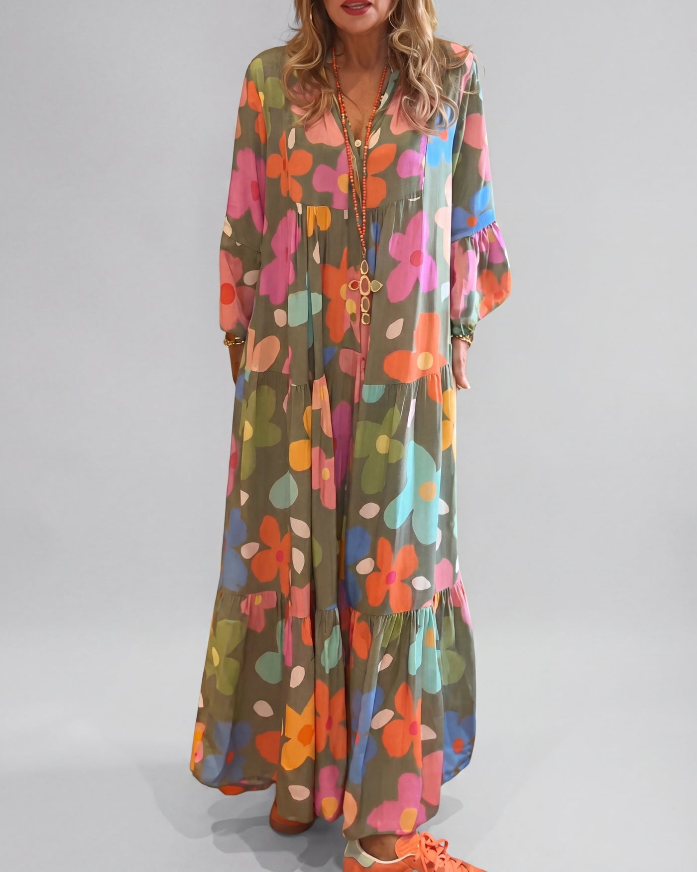 Women's Boho Bold Floral V-Neck Tiered Maxi Dress