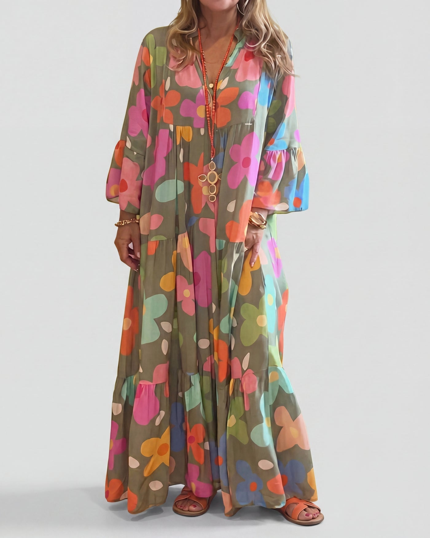 Women's Boho Bold Floral V-Neck Tiered Maxi Dress