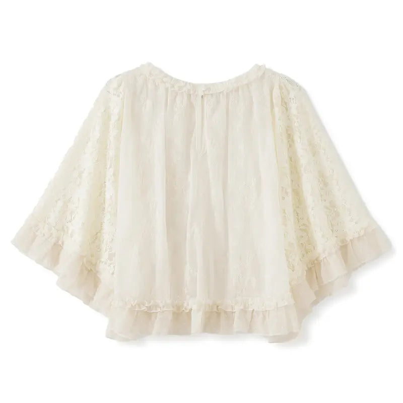 Women's Summer Trendy Lace T-Shirt Long Flared Sleeve Round Neck Sheer Party Tops