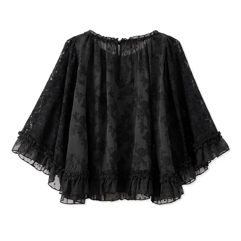 Women's Summer Trendy Lace T-Shirt Long Flared Sleeve Round Neck Sheer Party Tops
