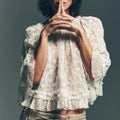 Women's Summer Trendy Lace T-Shirt Long Flared Sleeve Round Neck Sheer Party Tops
