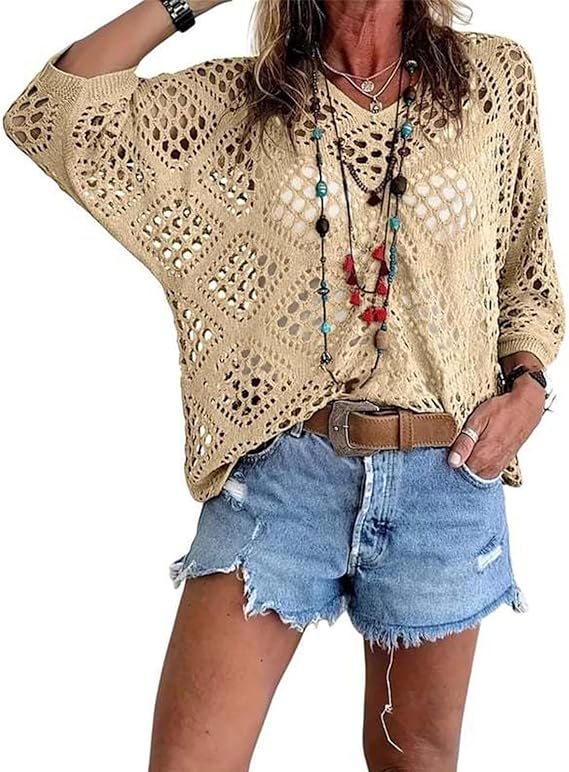 Women's Boho V-Neck Open Knit Crochet Sweater Top
