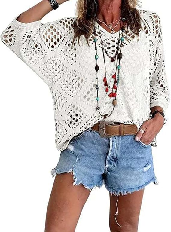 Women's Boho V-Neck Open Knit Crochet Sweater Top