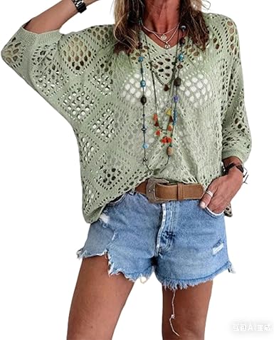 Women's Boho V-Neck Open Knit Crochet Sweater Top