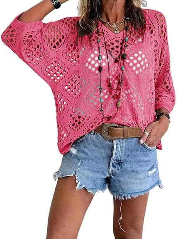 Women's Boho V-Neck Open Knit Crochet Sweater Top