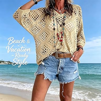 Women's Boho V-Neck Open Knit Crochet Sweater Top