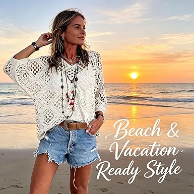 Women's Boho V-Neck Open Knit Crochet Sweater Top