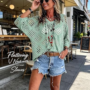 Women's Boho V-Neck Open Knit Crochet Sweater Top