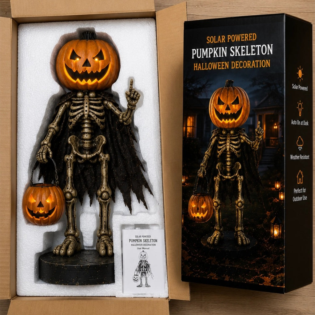 Halloween Outdoor Pumpkin Skeleton Decoration with Solar Lights, Waterproof Jack-O'-Lantern Skeleton Statue for Yard, Garden, Walkway, Lawn, Porch & Patio Decor