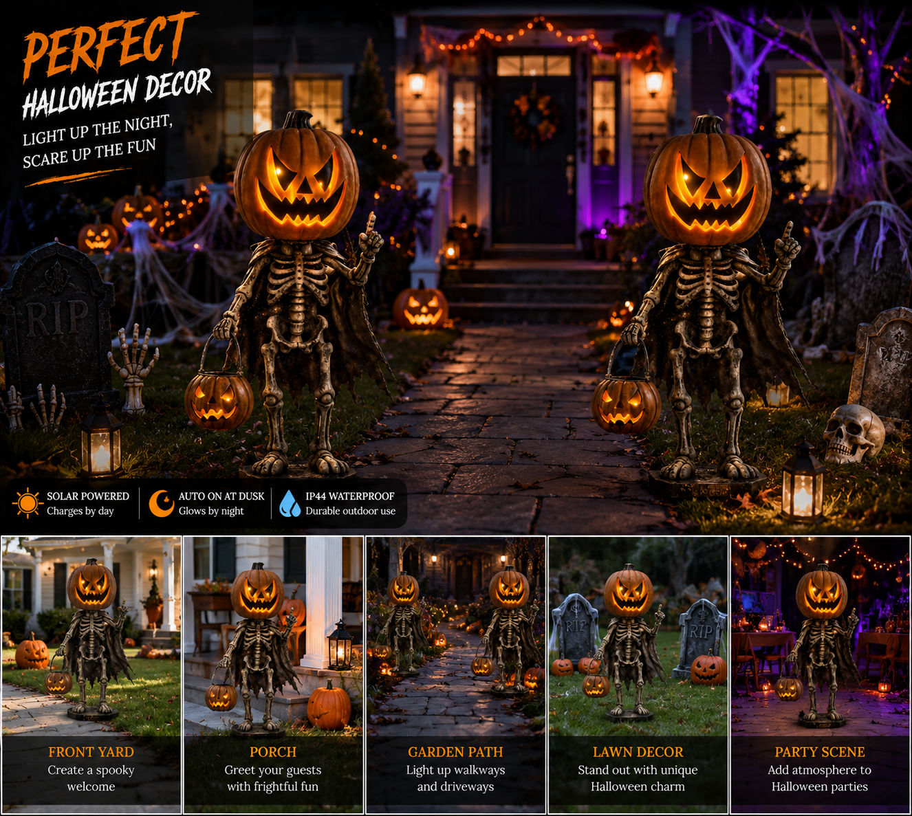 Halloween Outdoor Pumpkin Skeleton Decoration with Solar Lights, Waterproof Jack-O'-Lantern Skeleton Statue for Yard, Garden, Walkway, Lawn, Porch & Patio Decor