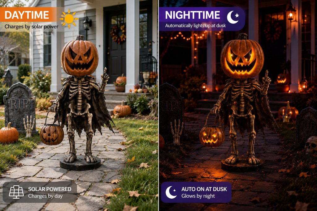 Halloween Outdoor Pumpkin Skeleton Decoration with Solar Lights, Waterproof Jack-O'-Lantern Skeleton Statue for Yard, Garden, Walkway, Lawn, Porch & Patio Decor